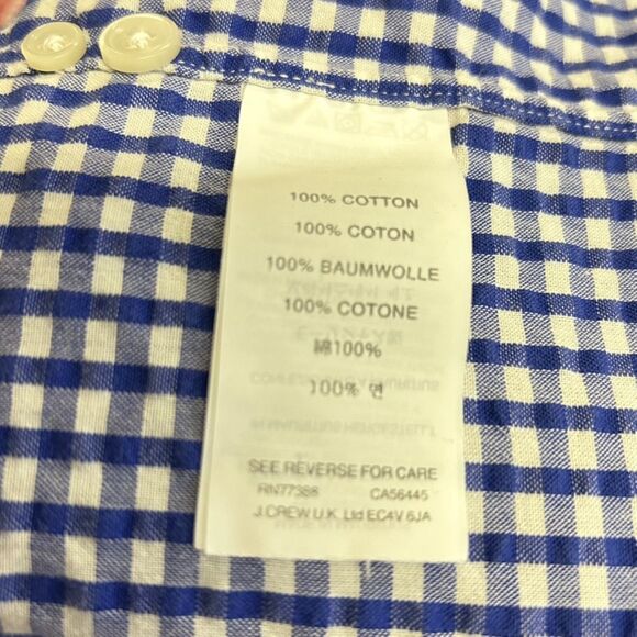 J. Crew Royal Blue White Gingham Check Seersucker SS Buttondown Shirt Sz L - Picture 11 of 16